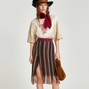 Zara Tweed Skirt with frige tan, burgundy, navy